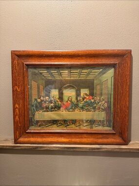 Vintage The Last Supper Framed Lithograph Print Wood Frame